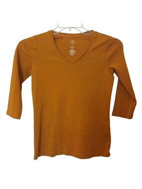 St. Johns Bay XS Gold Yellow 100% Cotton Essential Tee 3/4 Sleeves VNeck #I-8